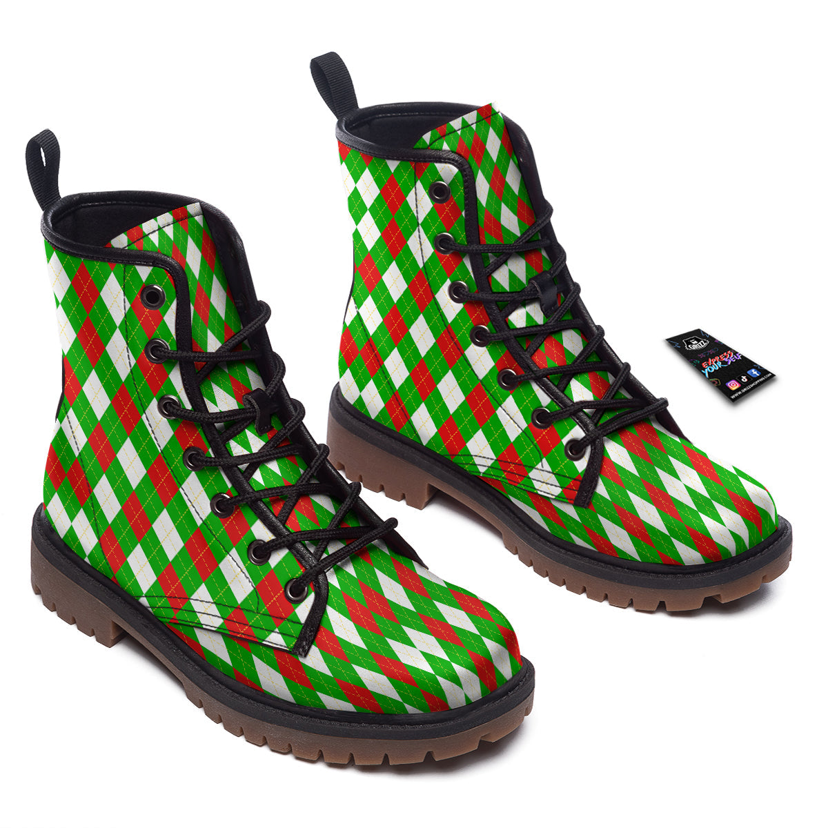 Green White And Red Argyle Print Pattern Work Boots-grizzshop