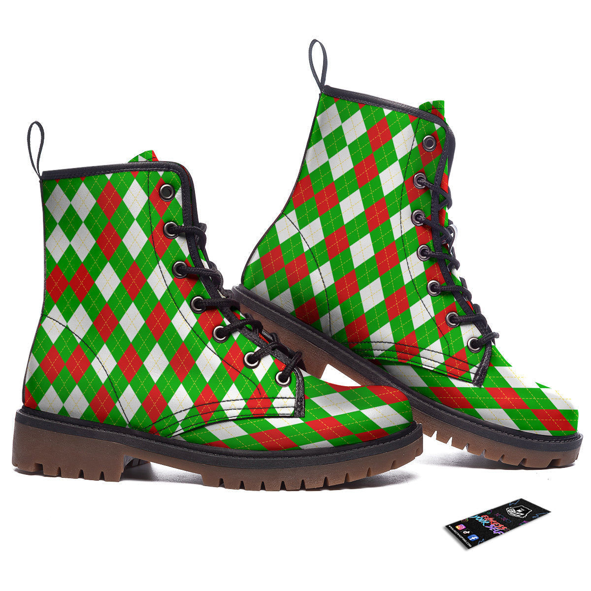 Green White And Red Argyle Print Pattern Work Boots-grizzshop