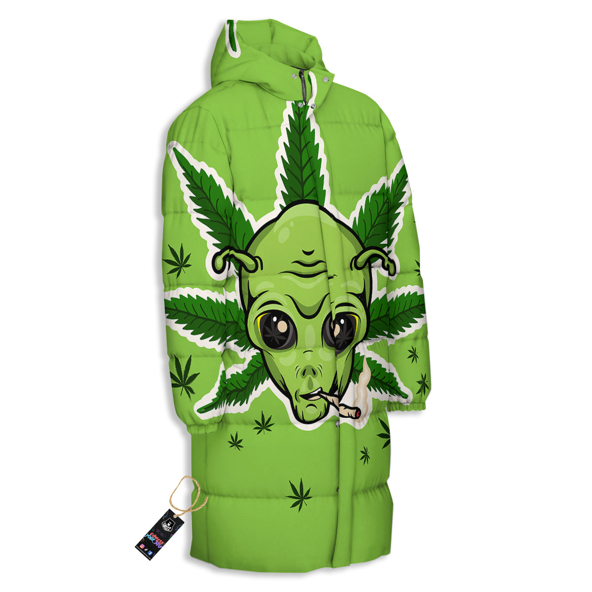 Green Alien Smoking Print Long Down Jacket