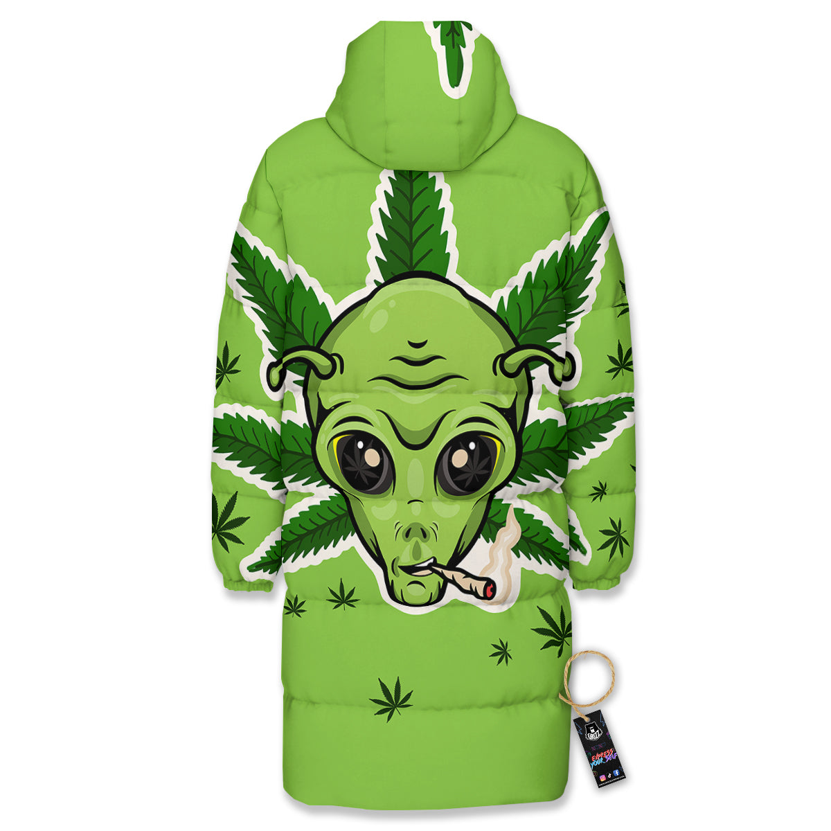 Green Alien Smoking Print Long Down Jacket