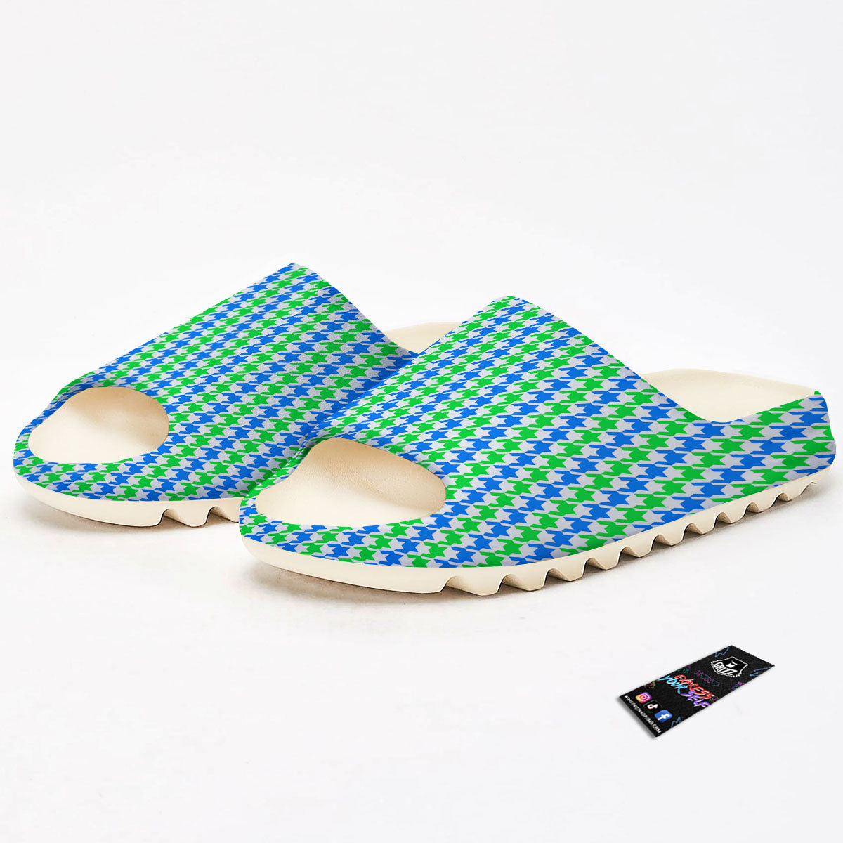 Green Blue And White Houndstooth Print Sandals-grizzshop