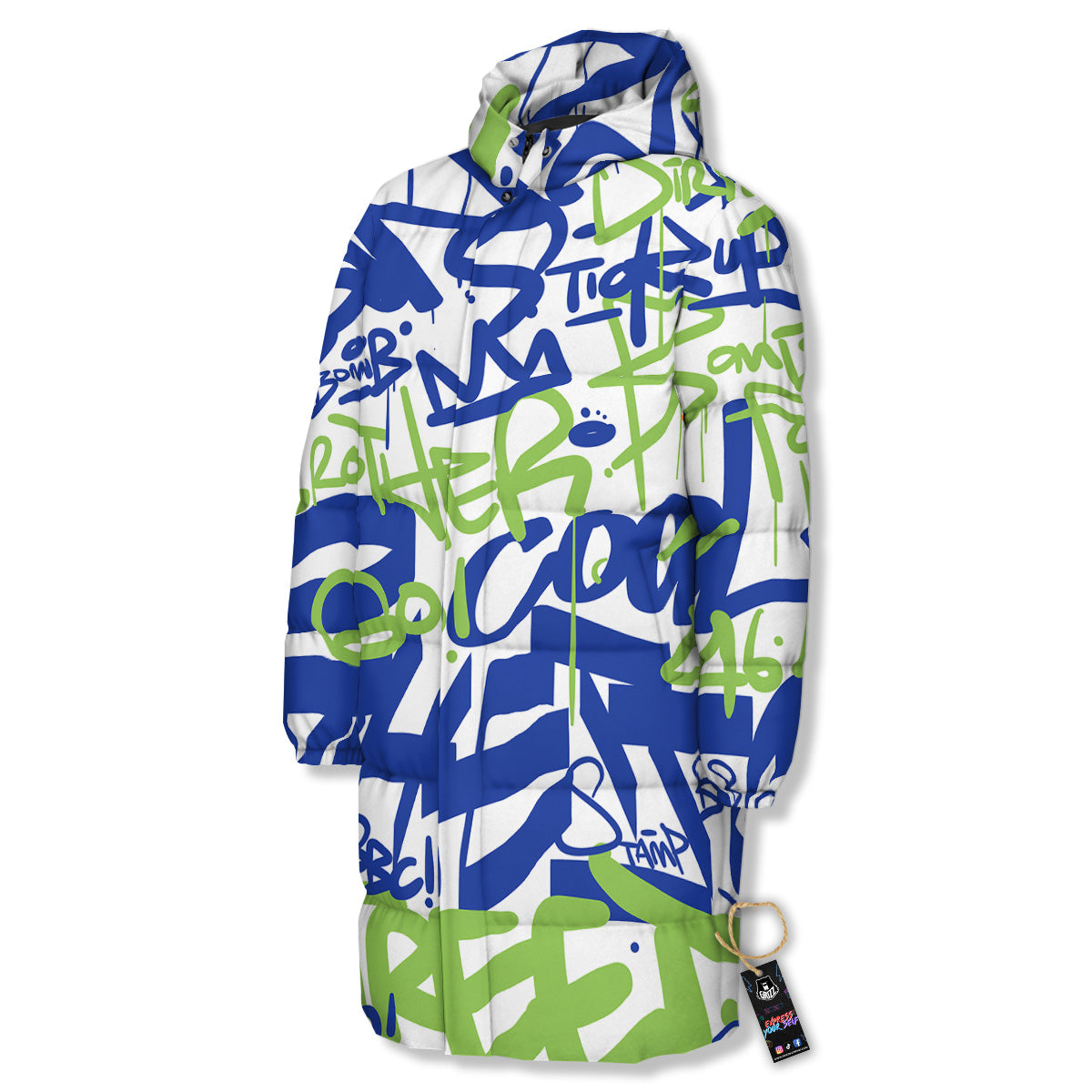 Green Blue Urban Graffiti Text Print Pattern Long Down Jacket