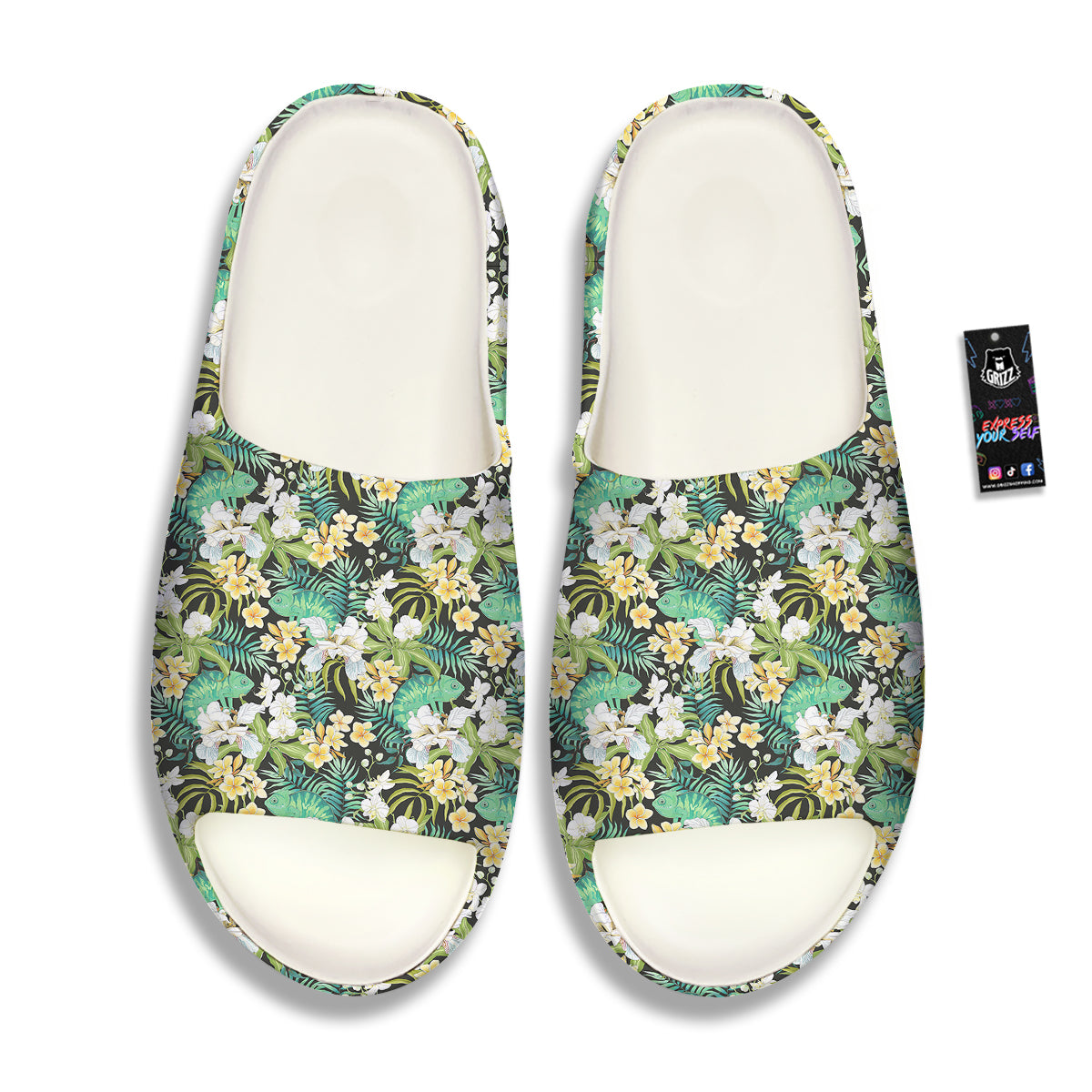 Green Chameleon And Flowers Plumeria Orchid Print Pattern Sandals-grizzshop
