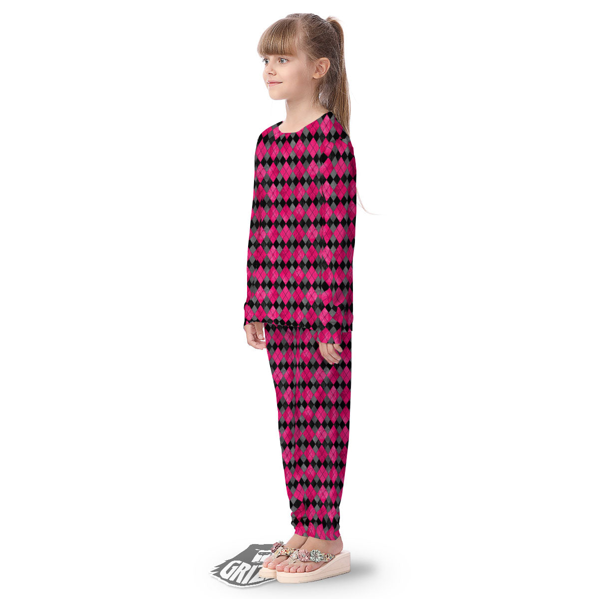 Grey Black And Purple Argyle Print Kid's Pajamas-grizzshop