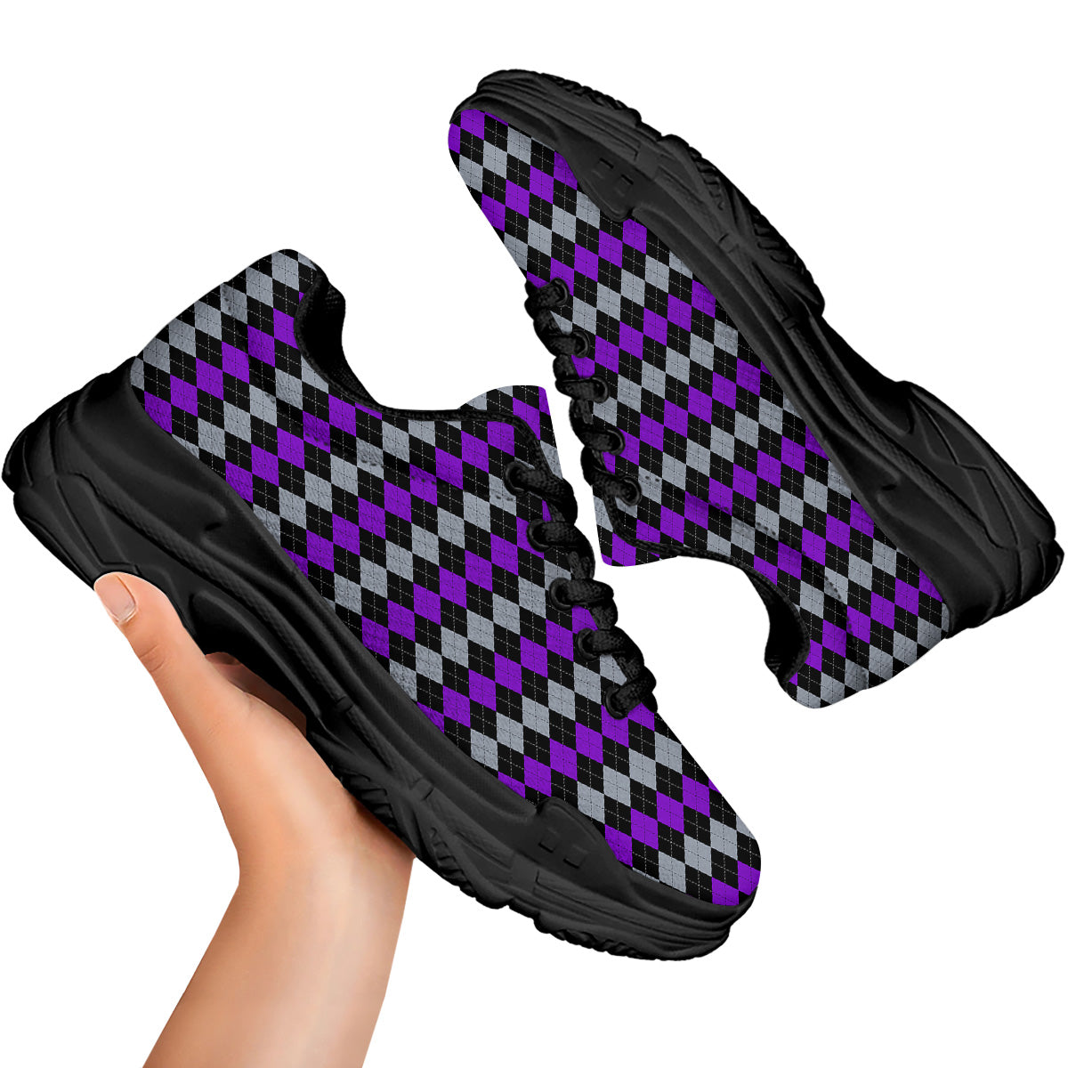Grey Black And Violet Argyle Print Black Chunky Shoes-grizzshop