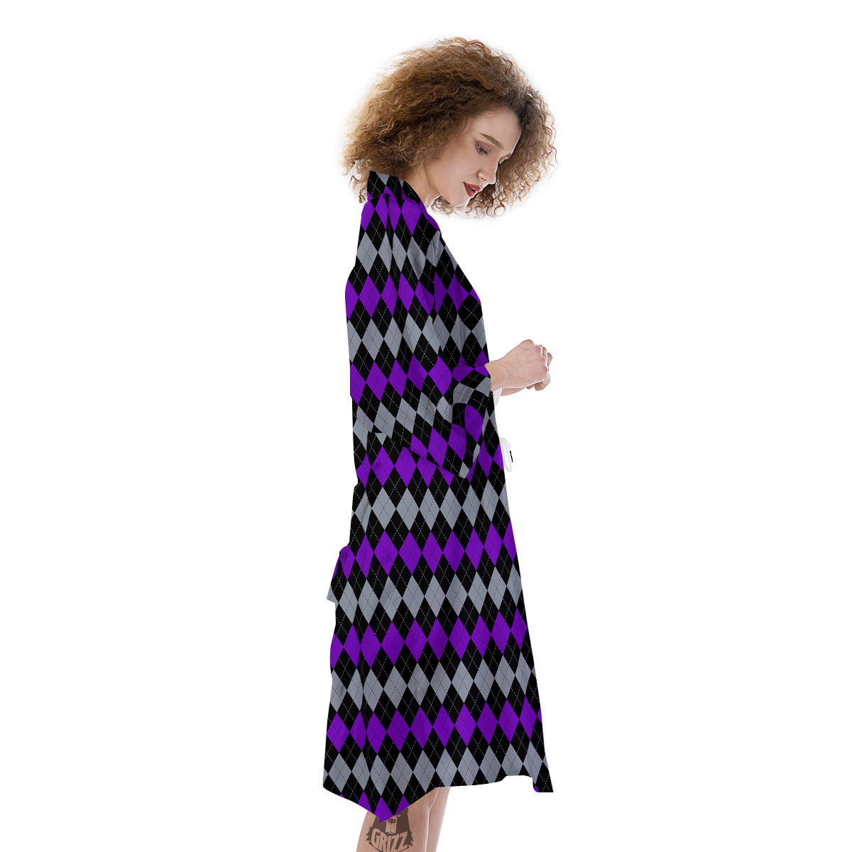 Grey Black And Violet Argyle Print Kimono-grizzshop