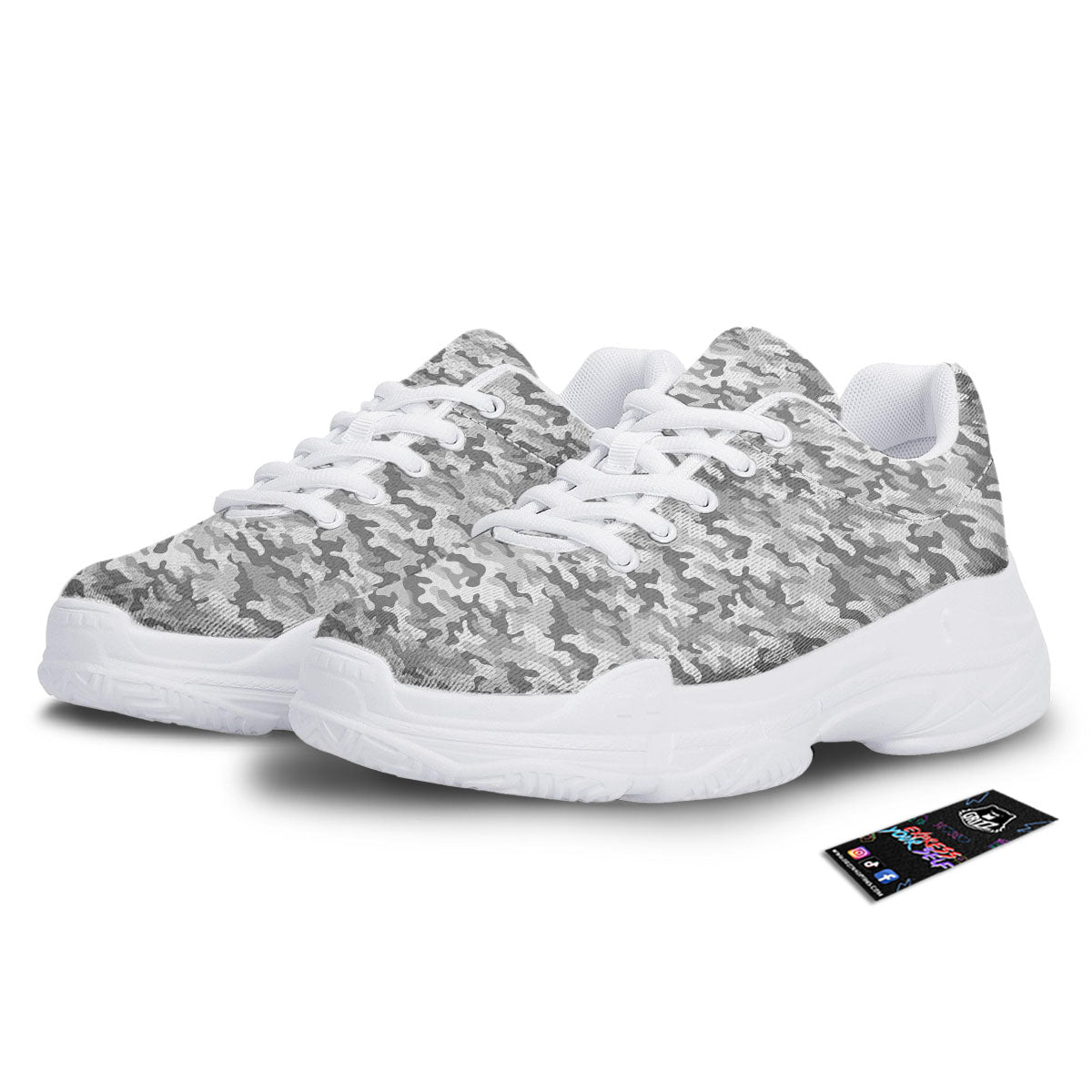 Grey Camouflage Print Pattern White Chunky Shoes-grizzshop