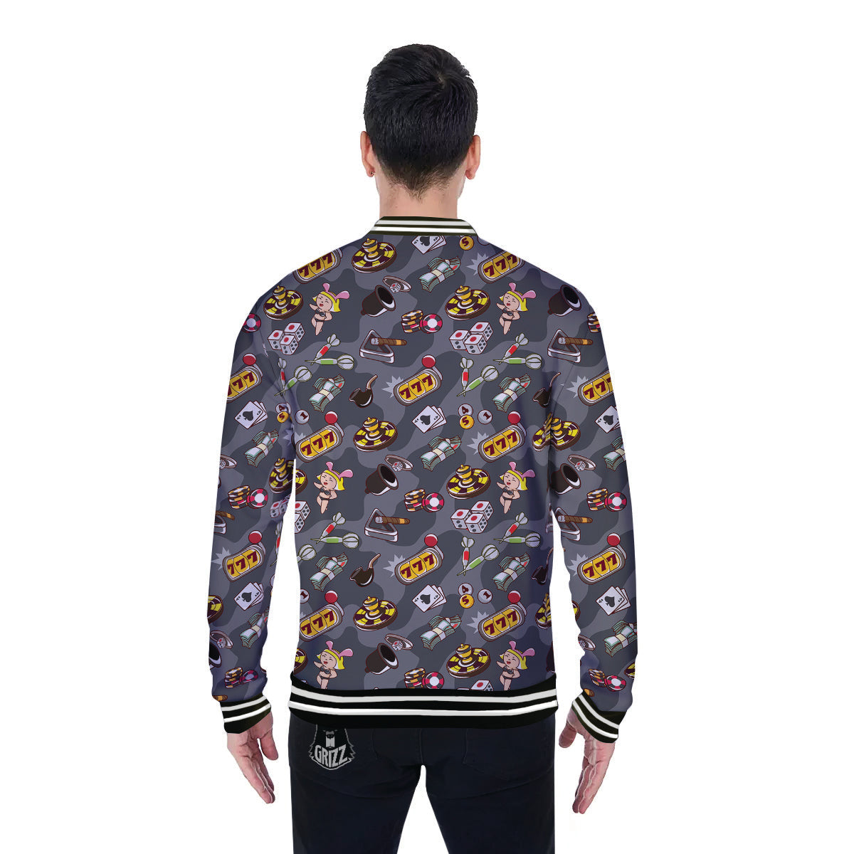 Grey Cute Casino Print Pattern Baseball Jacket-grizzshop