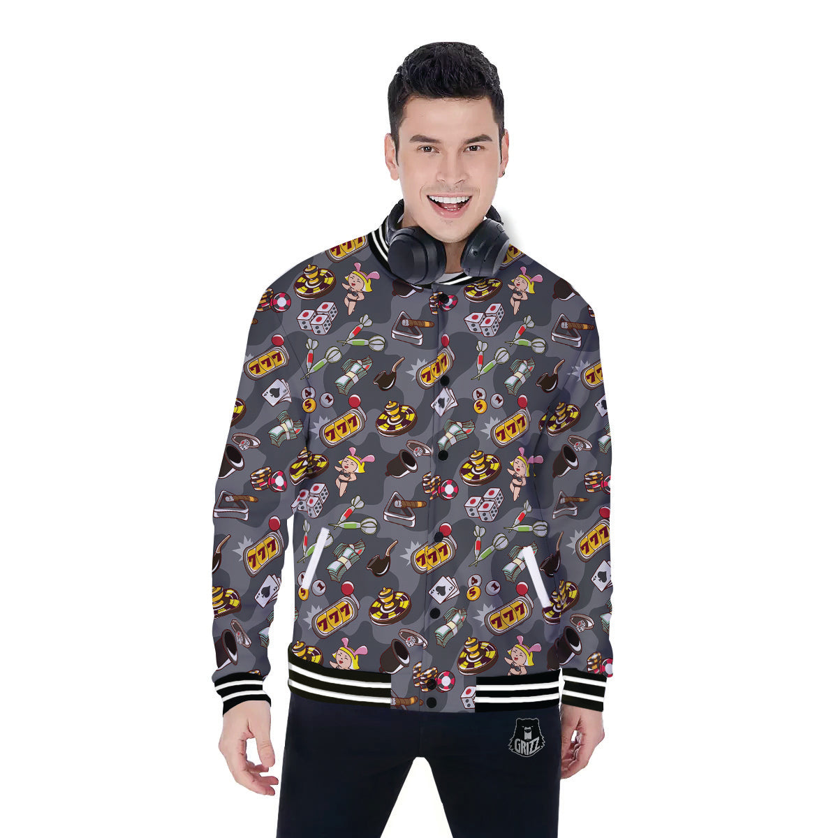 Grey Cute Casino Print Pattern Baseball Jacket-grizzshop