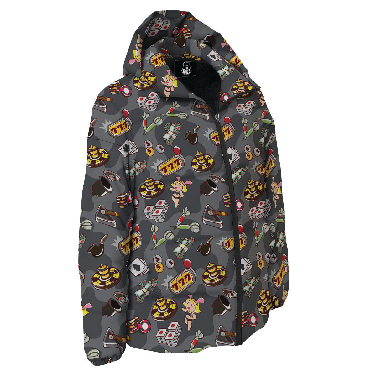 Grey Cute Casino Print Pattern Down Jacket-grizzshop