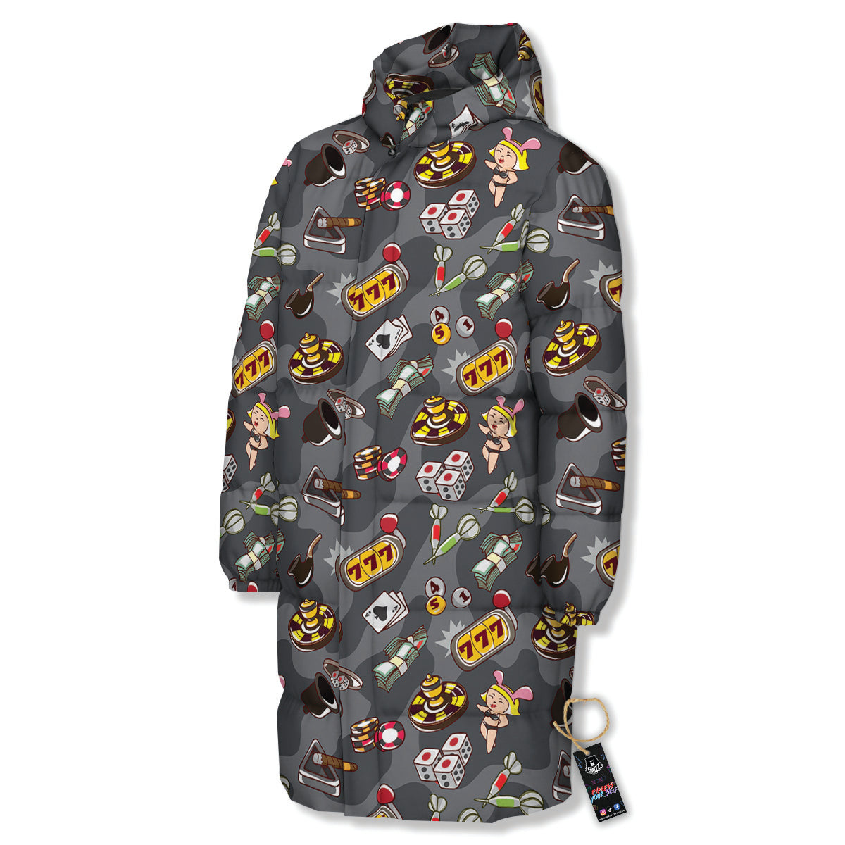 Grey Cute Casino Print Pattern Long Down Jacket-grizzshop