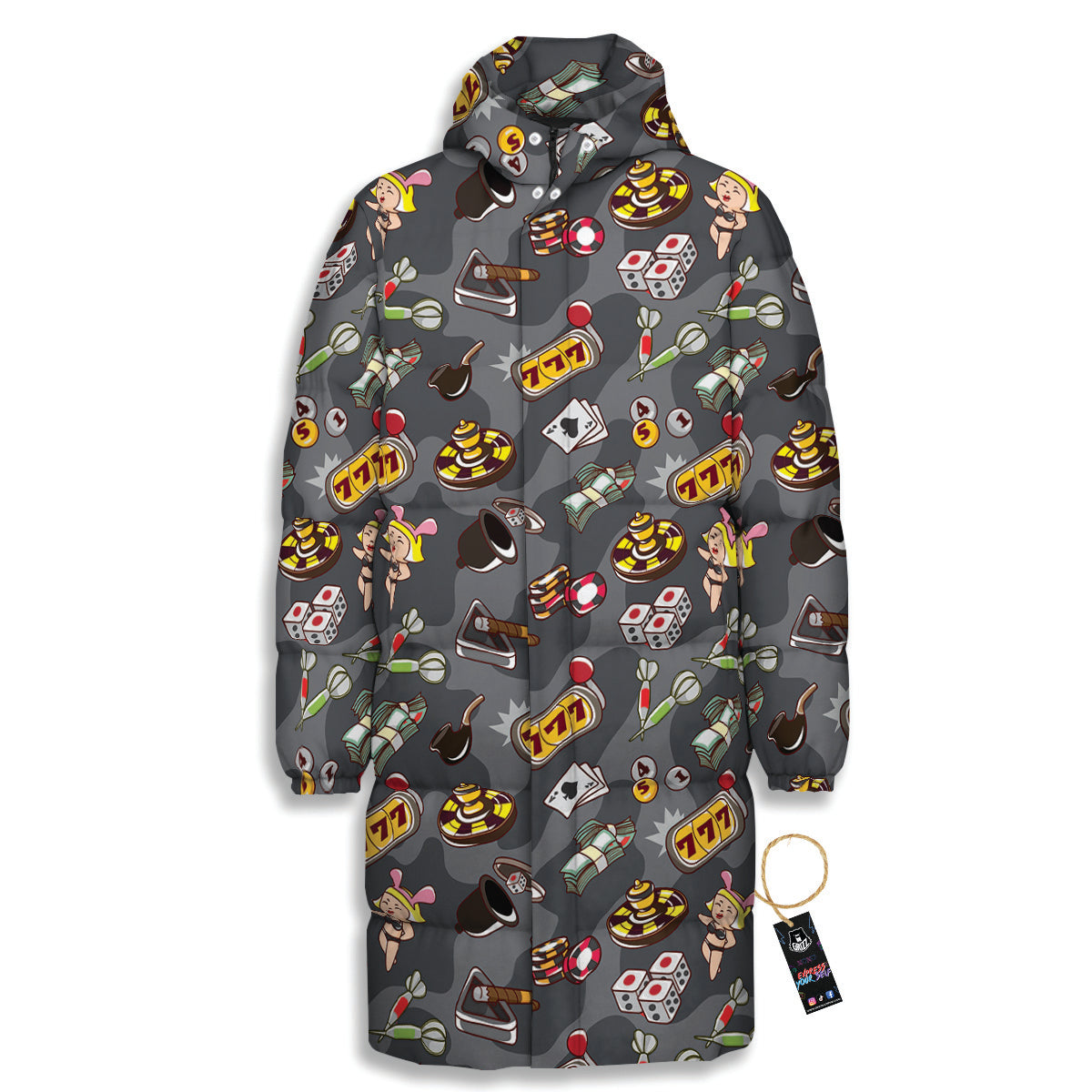 Grey Cute Casino Print Pattern Long Down Jacket-grizzshop