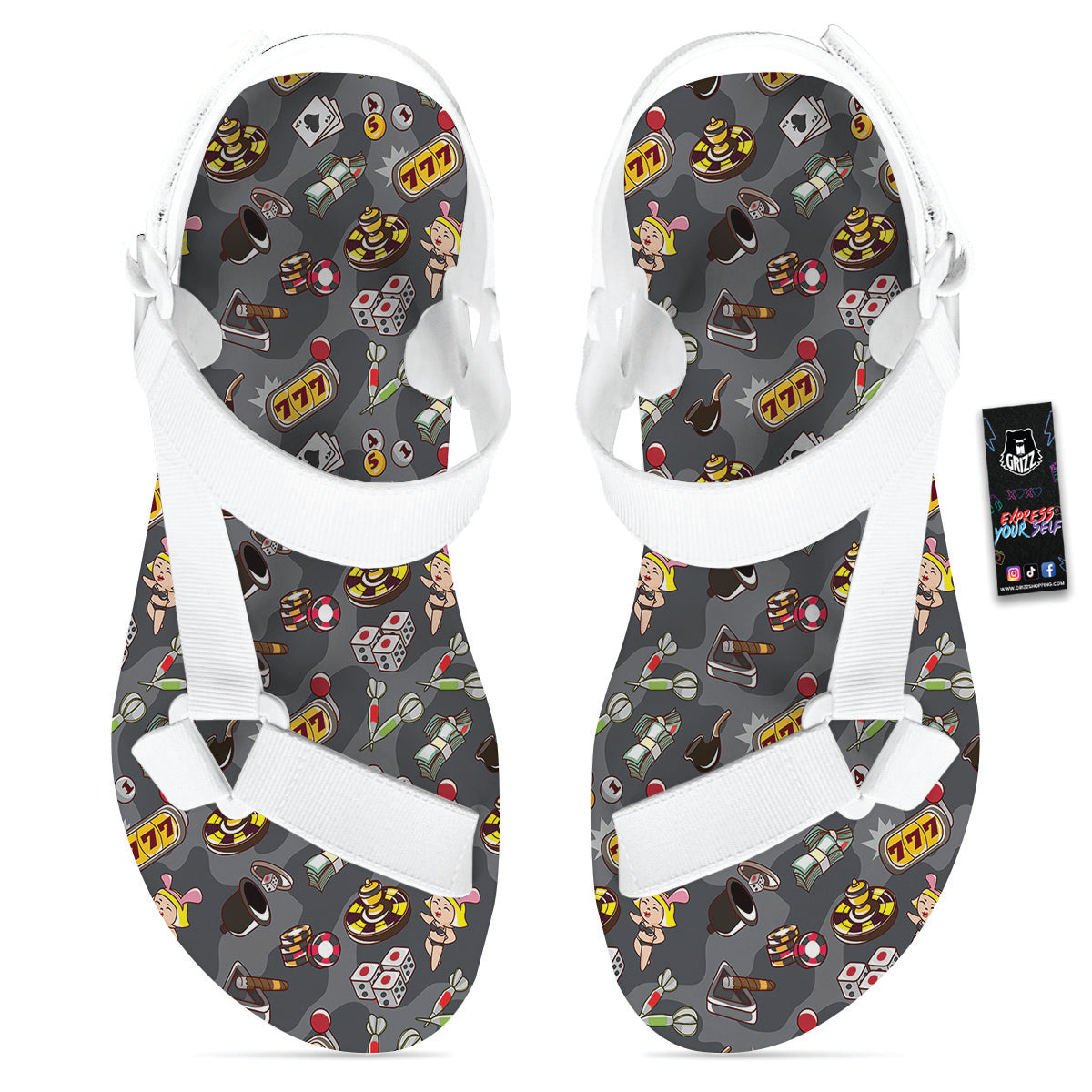 Grey Cute Casino Print Pattern White Open Toe Sandals-grizzshop