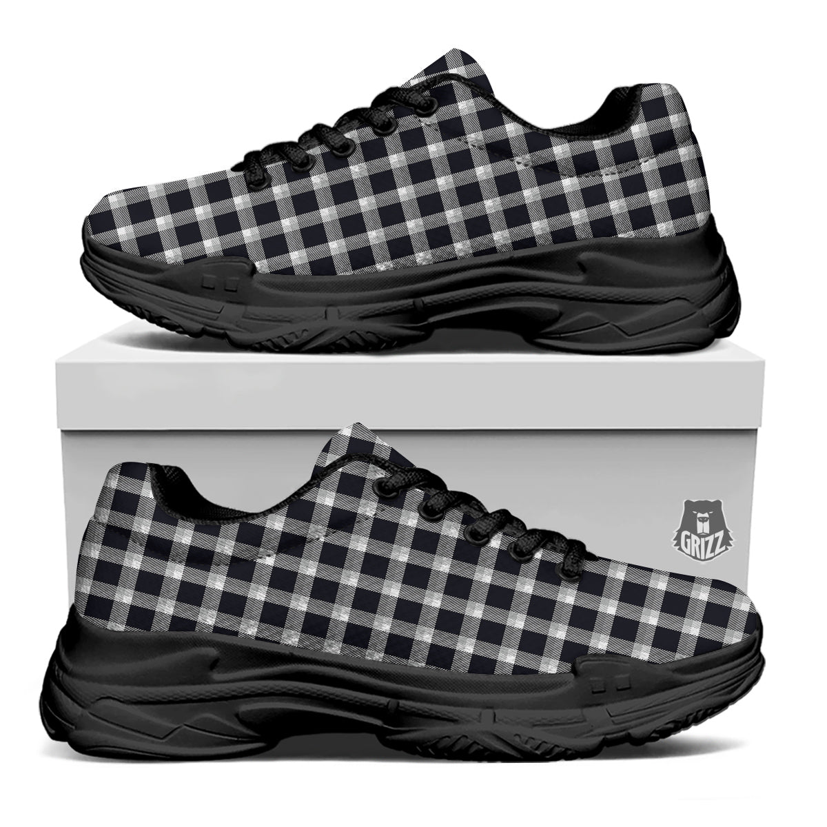 Grey Dark And White Gingham Print Black Chunky Shoes-grizzshop