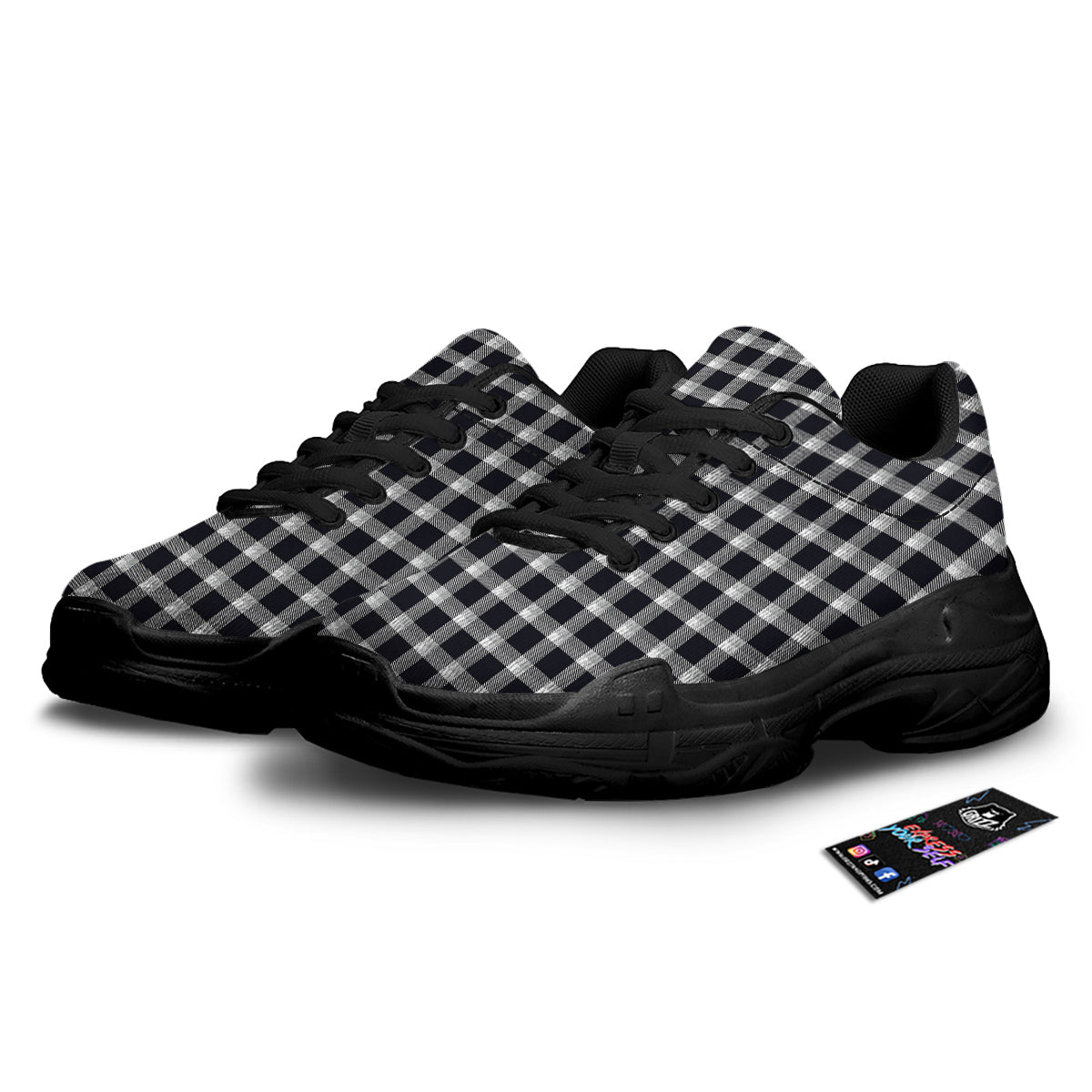 Grey Dark And White Gingham Print Black Chunky Shoes-grizzshop