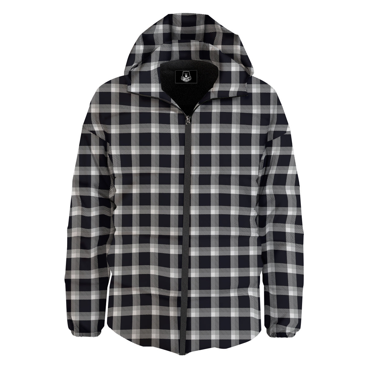 Grey Dark And White Gingham Print Down Jacket-grizzshop