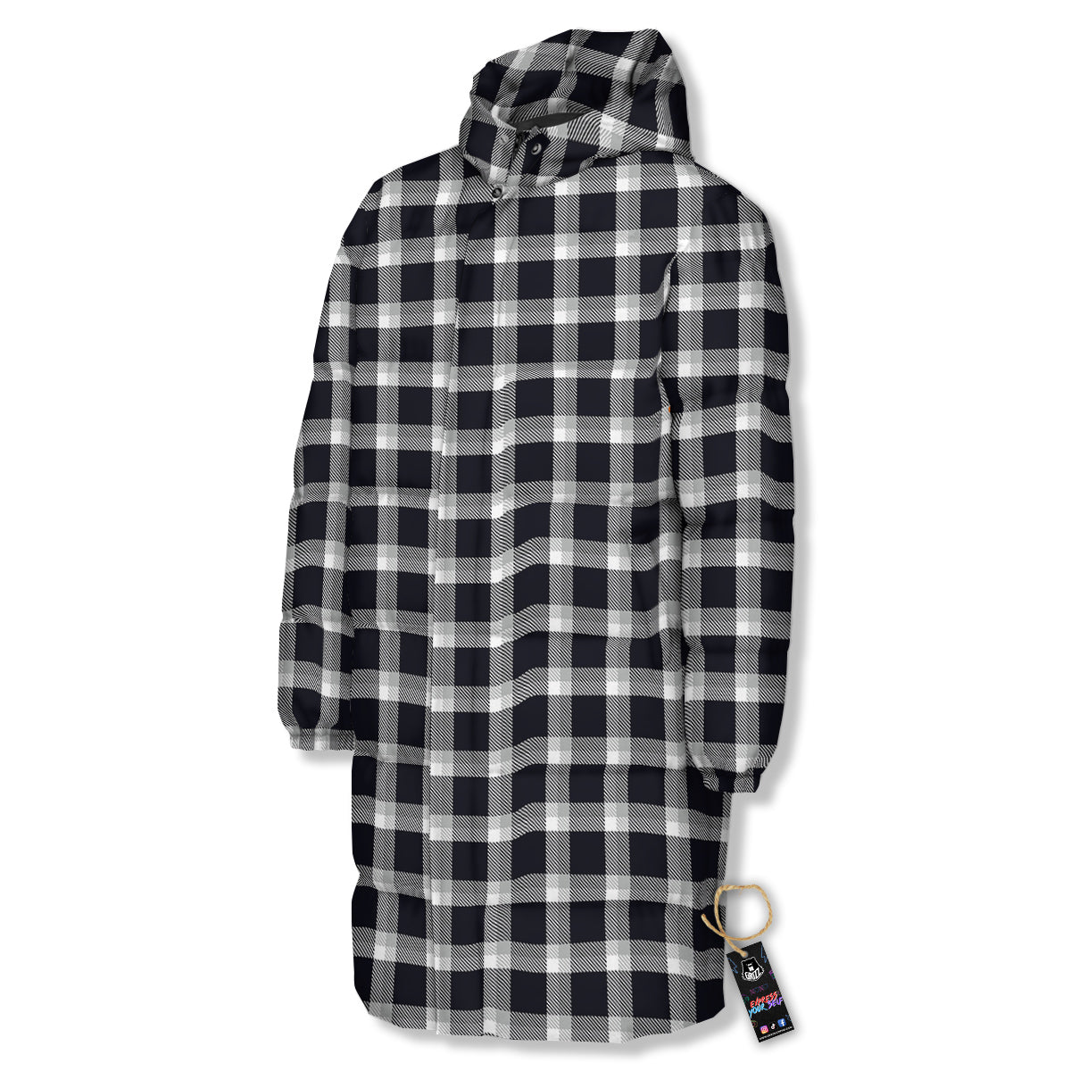 Grey Dark And White Gingham Print Long Down Jacket-grizzshop