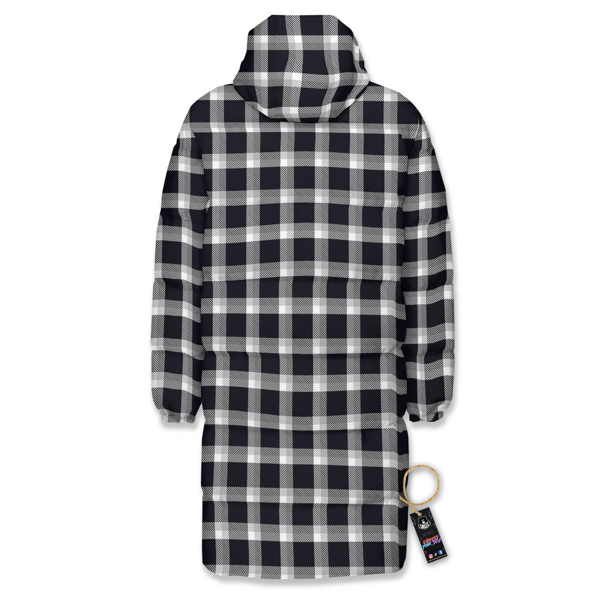 Grey Dark And White Gingham Print Long Down Jacket-grizzshop