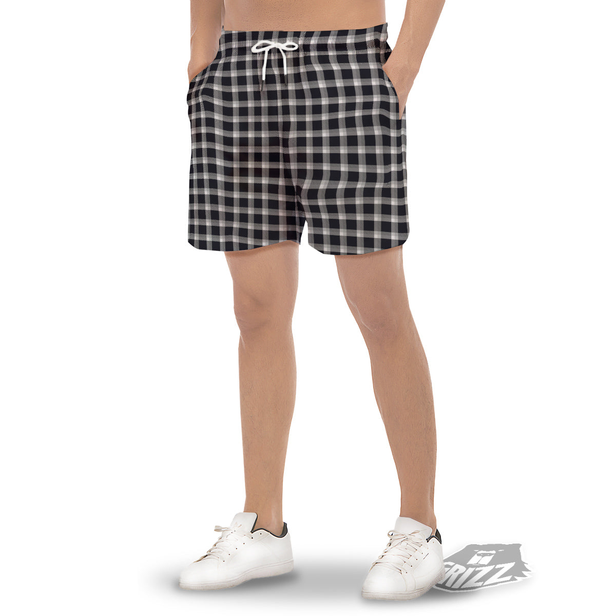 Grey Dark And White Gingham Print Men's Gym Shorts-grizzshop