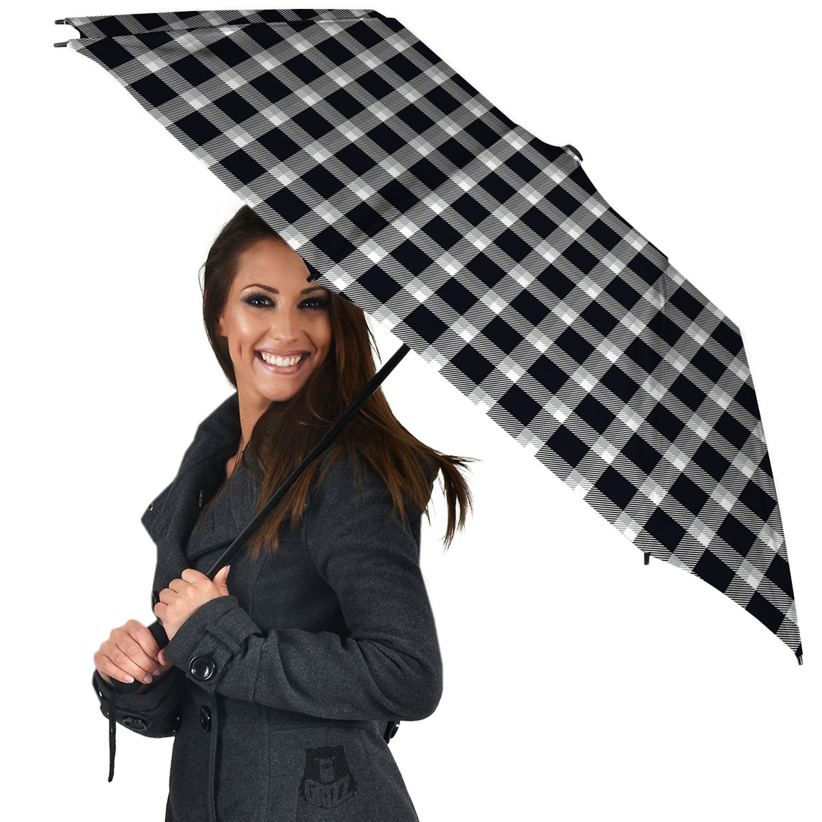 Grey Dark And White Gingham Print Umbrella-grizzshop