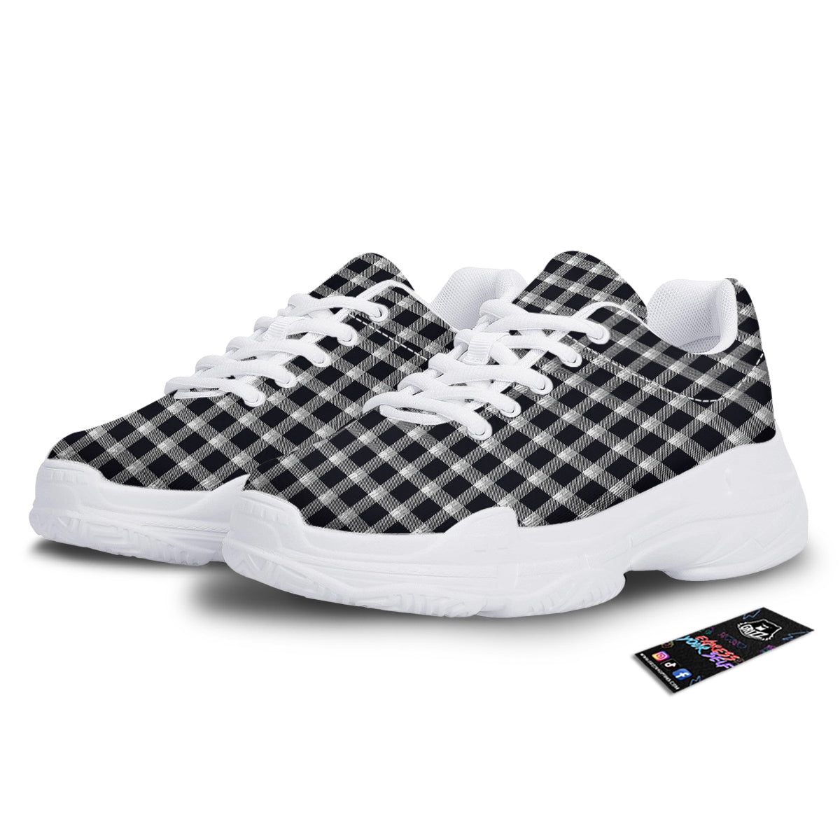 Grey Dark And White Gingham Print White Chunky Shoes-grizzshop