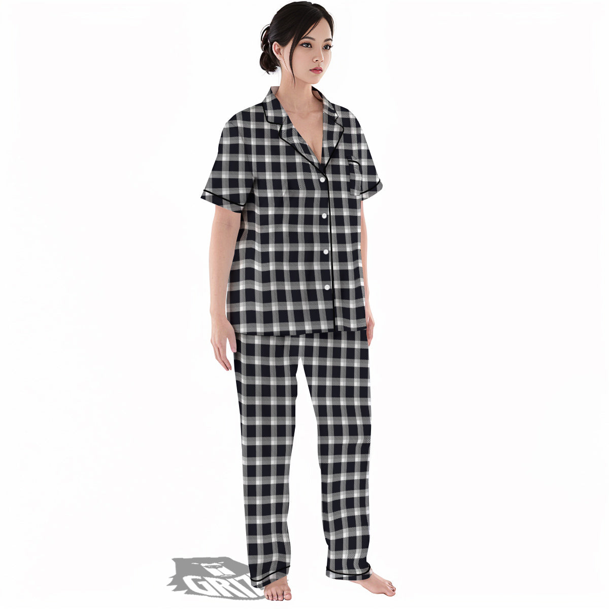 Grey Dark And White Gingham Print Women's Pajamas Set-grizzshop