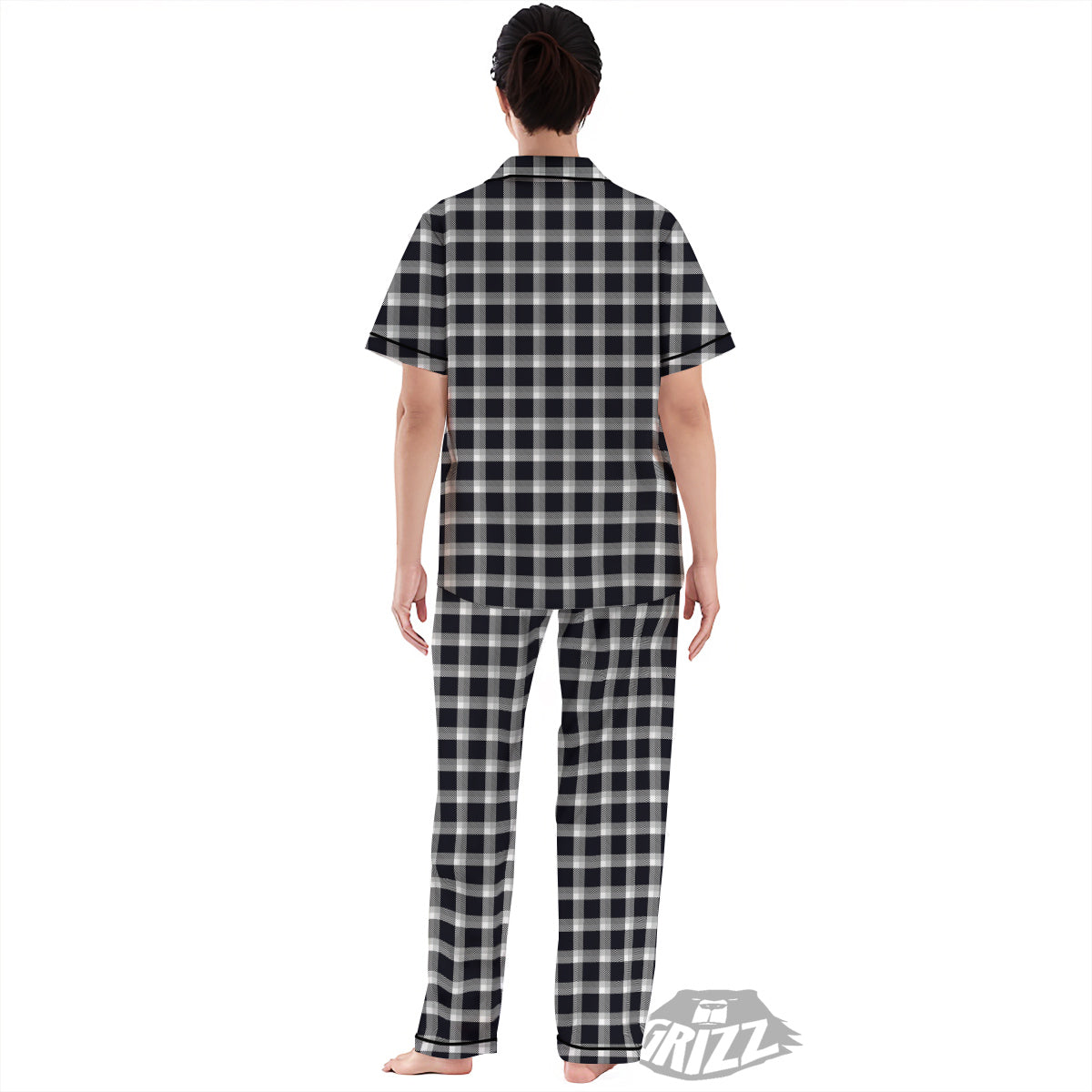 Grey Dark And White Gingham Print Women's Pajamas Set-grizzshop
