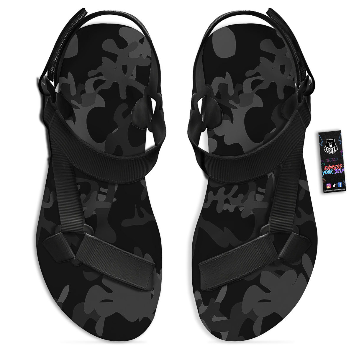 Grey Digital Camo Black Print Pattern Black Open Toe Sandals-grizzshop