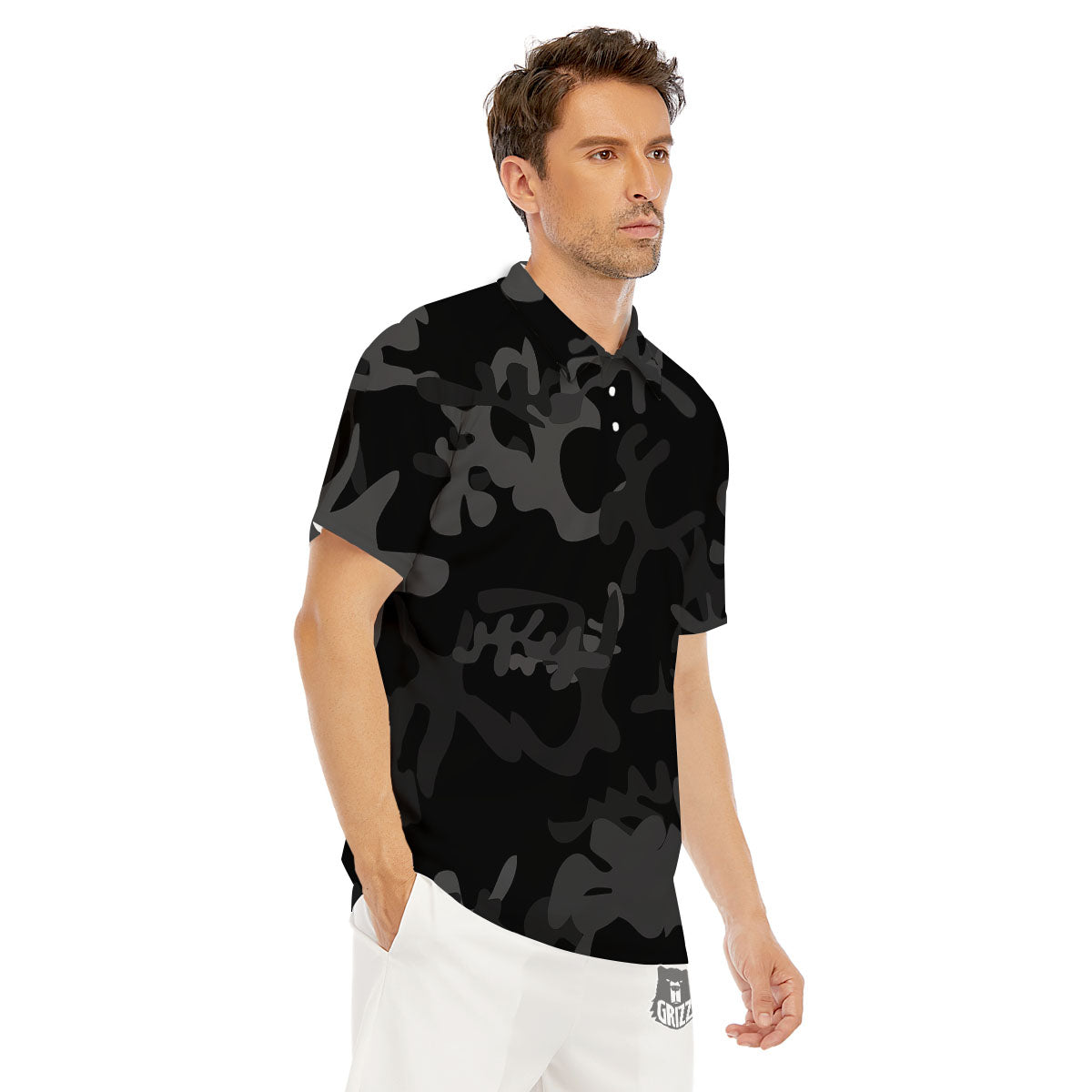 Grey Digital Camo Black Print Pattern Men's Golf Shirts-grizzshop