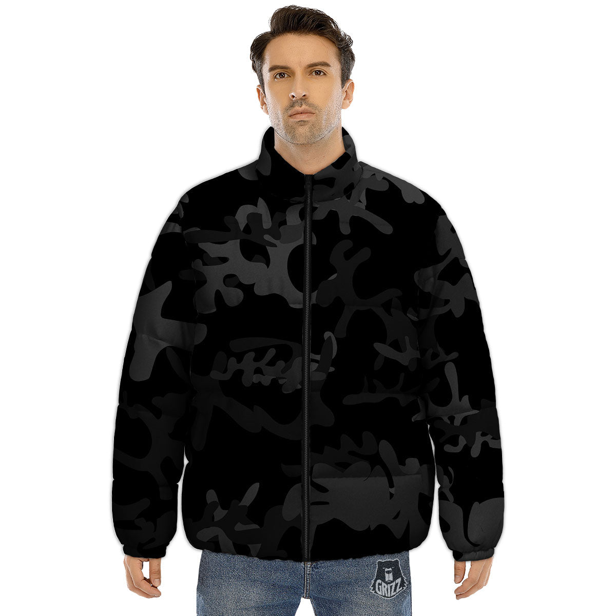 Grey Digital Camo Black Print Pattern Puffer Jacket-grizzshop