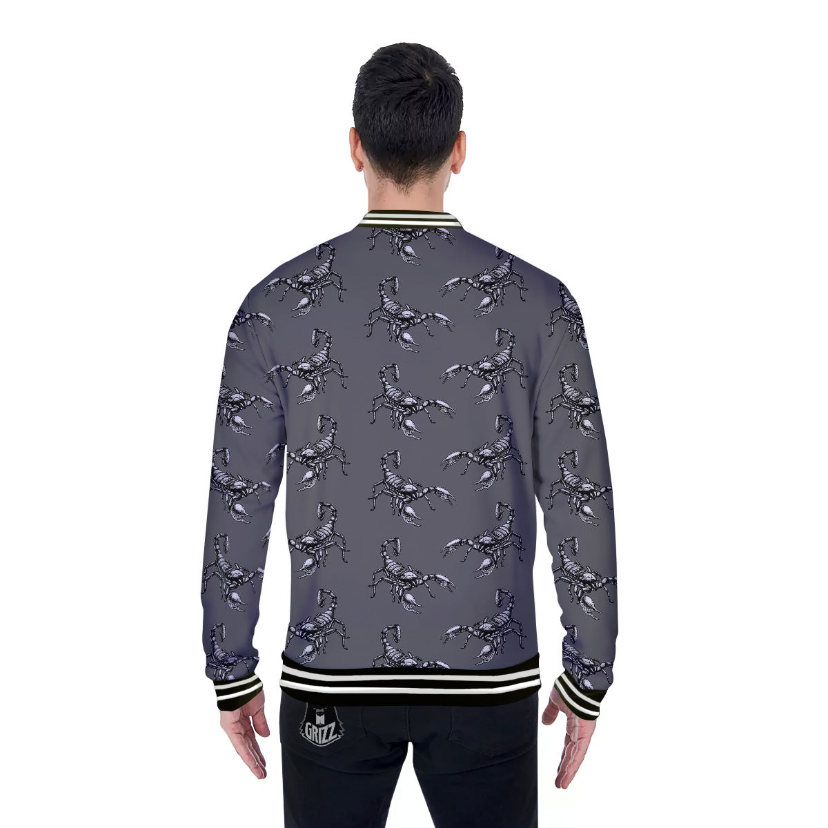 Grey Hand Drawn Scorpion Print Pattern Baseball Jacket-grizzshop