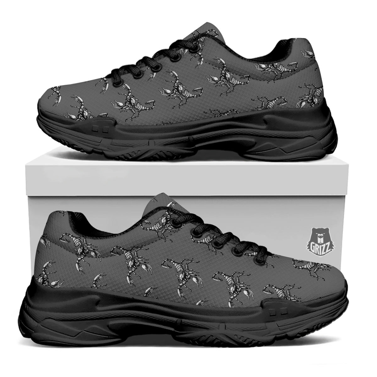 Grey Hand Drawn Scorpion Print Pattern Black Chunky Shoes-grizzshop