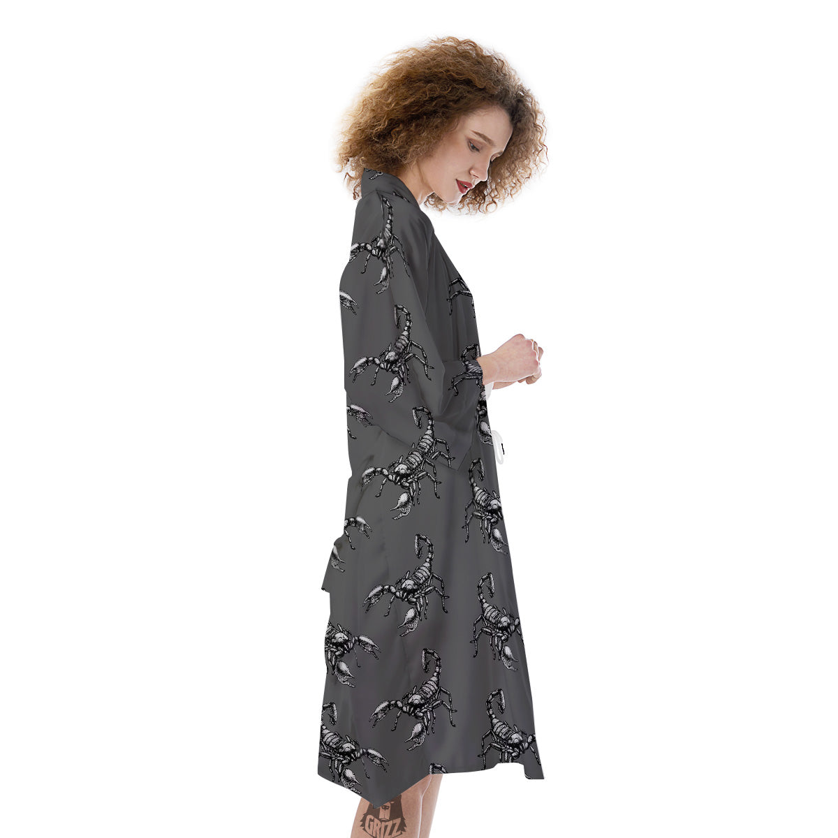Grey Hand Drawn Scorpion Print Pattern Kimono-grizzshop