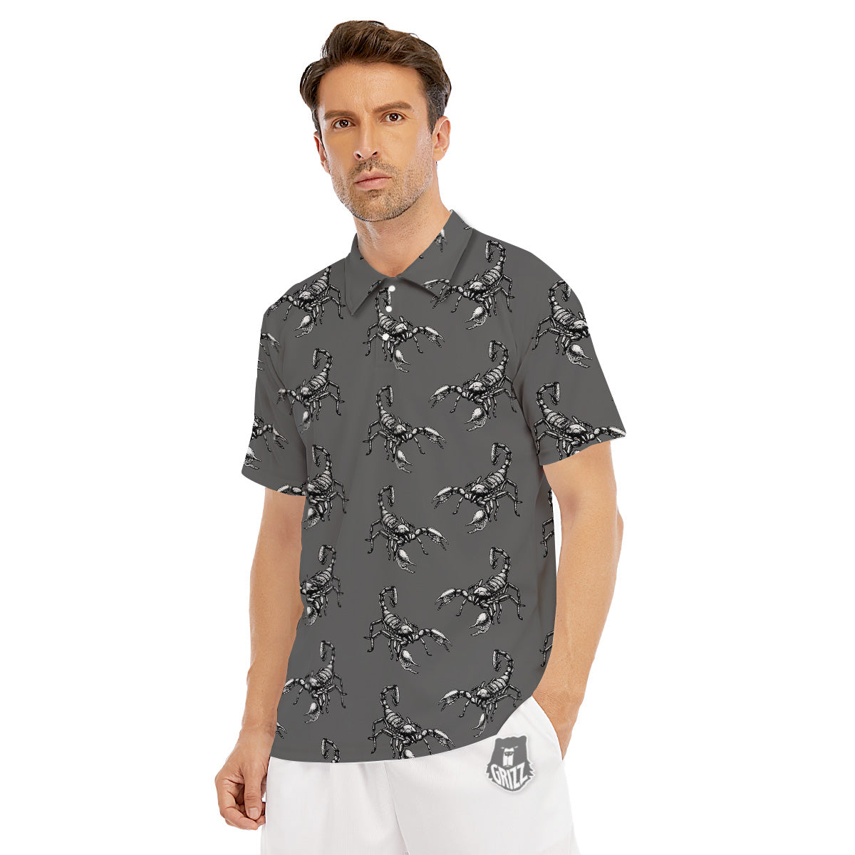 Grey Hand Drawn Scorpion Print Pattern Men's Golf Shirts-grizzshop