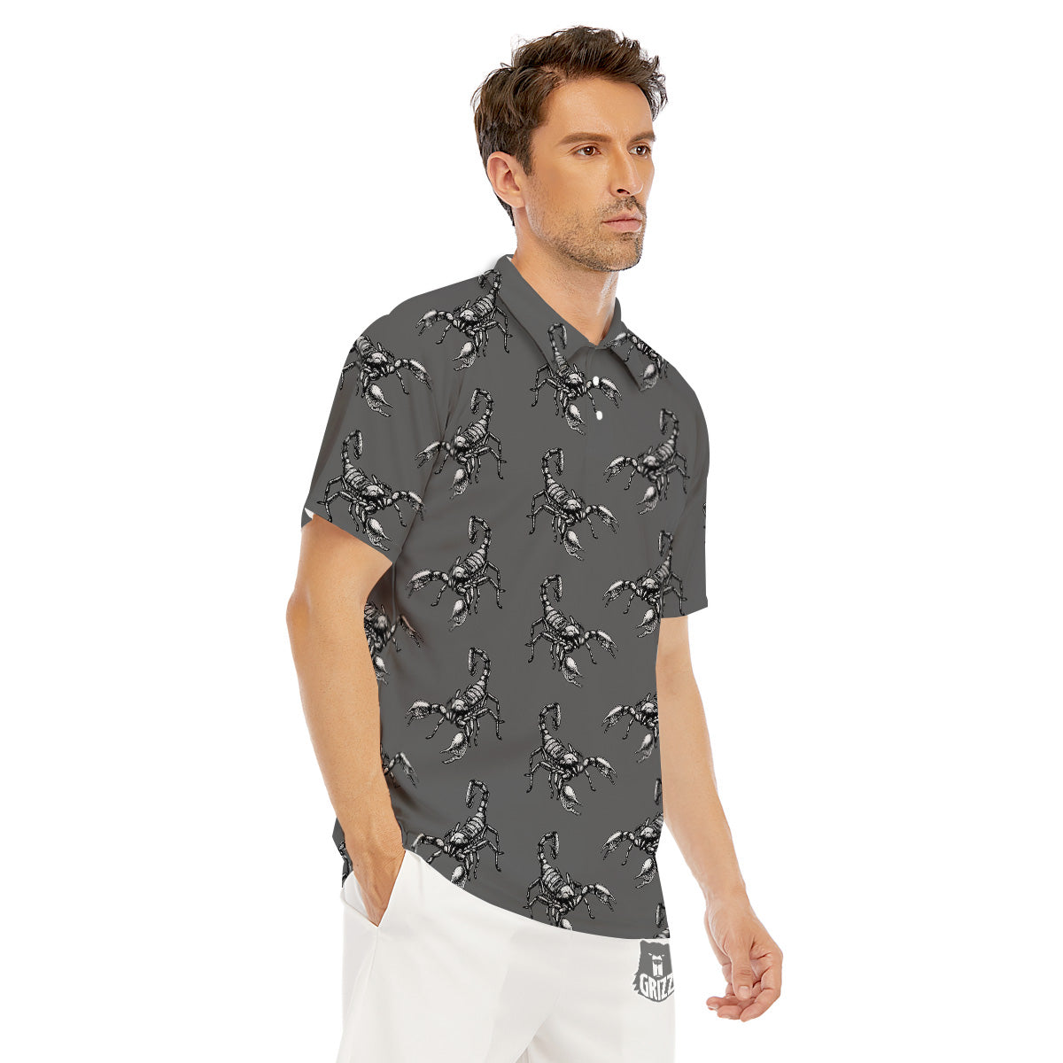 Grey Hand Drawn Scorpion Print Pattern Men's Golf Shirts-grizzshop