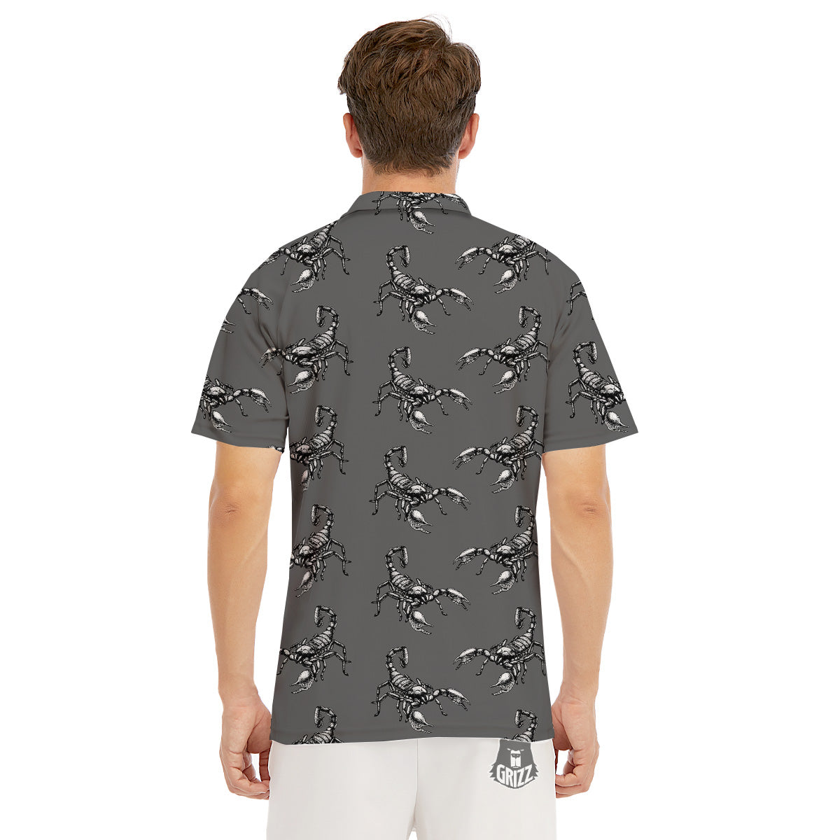 Grey Hand Drawn Scorpion Print Pattern Men's Golf Shirts-grizzshop