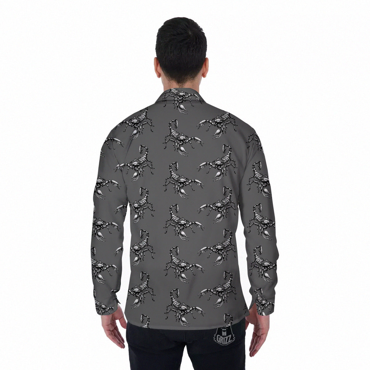 Grey Hand Drawn Scorpion Print Pattern Men's Long Sleeve Shirts-grizzshop