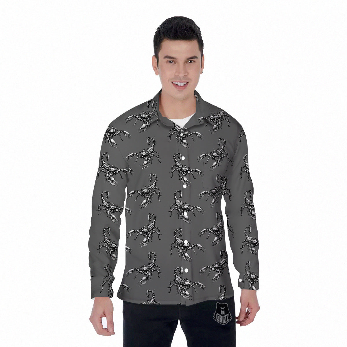 Grey Hand Drawn Scorpion Print Pattern Men's Long Sleeve Shirts-grizzshop