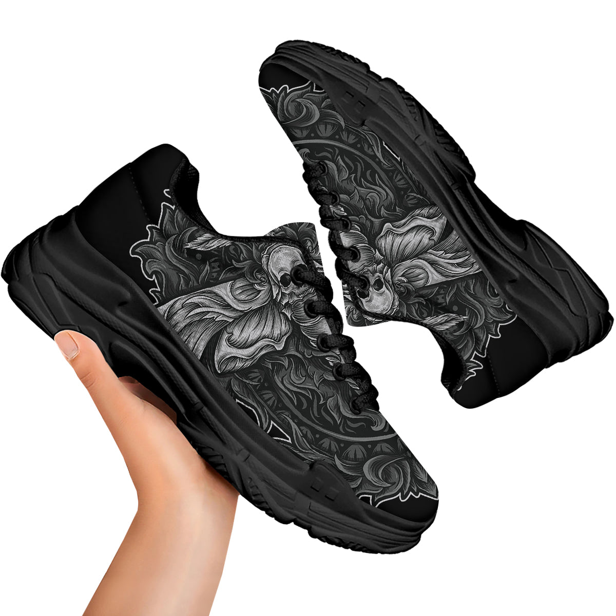 Grey Moth Skull Print Black Chunky Shoes-grizzshop