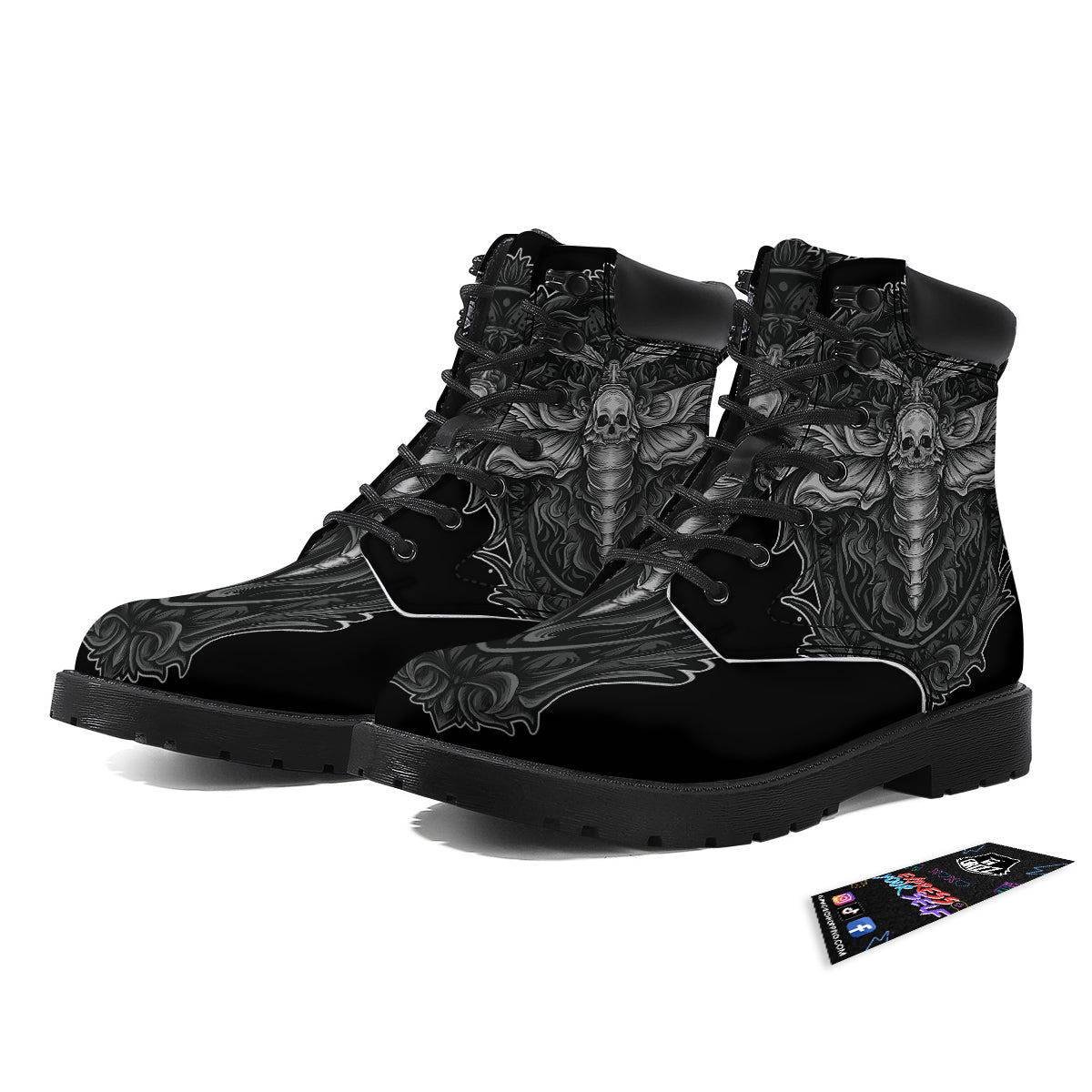 Grey Moth Skull Print Boots-grizzshop