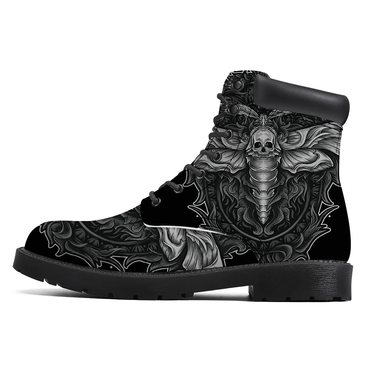 Grey Moth Skull Print Boots-grizzshop