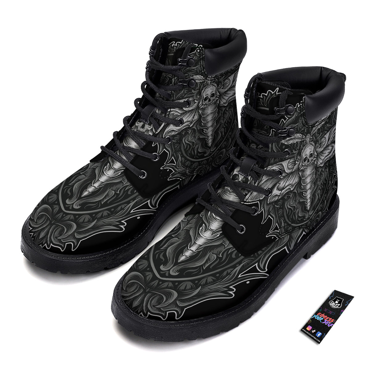 Grey Moth Skull Print Boots-grizzshop