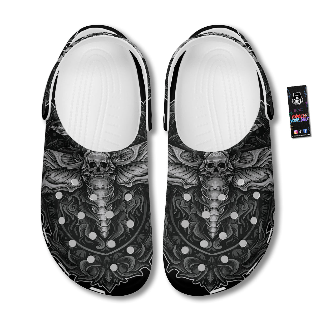 Grey Moth Skull Print Clog-grizzshop