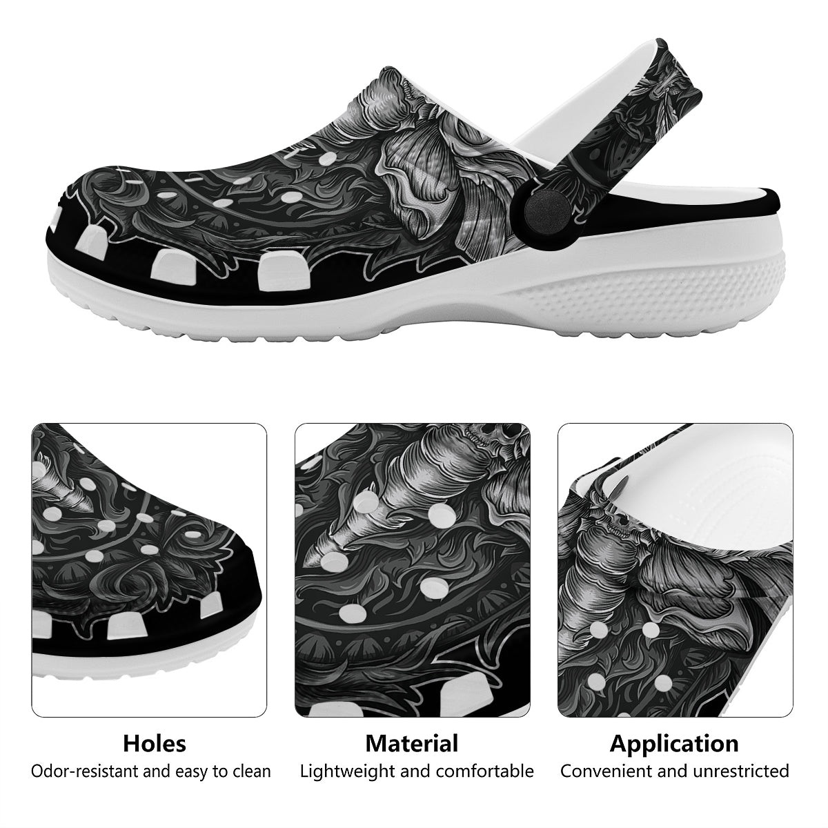 Grey Moth Skull Print Clog-grizzshop