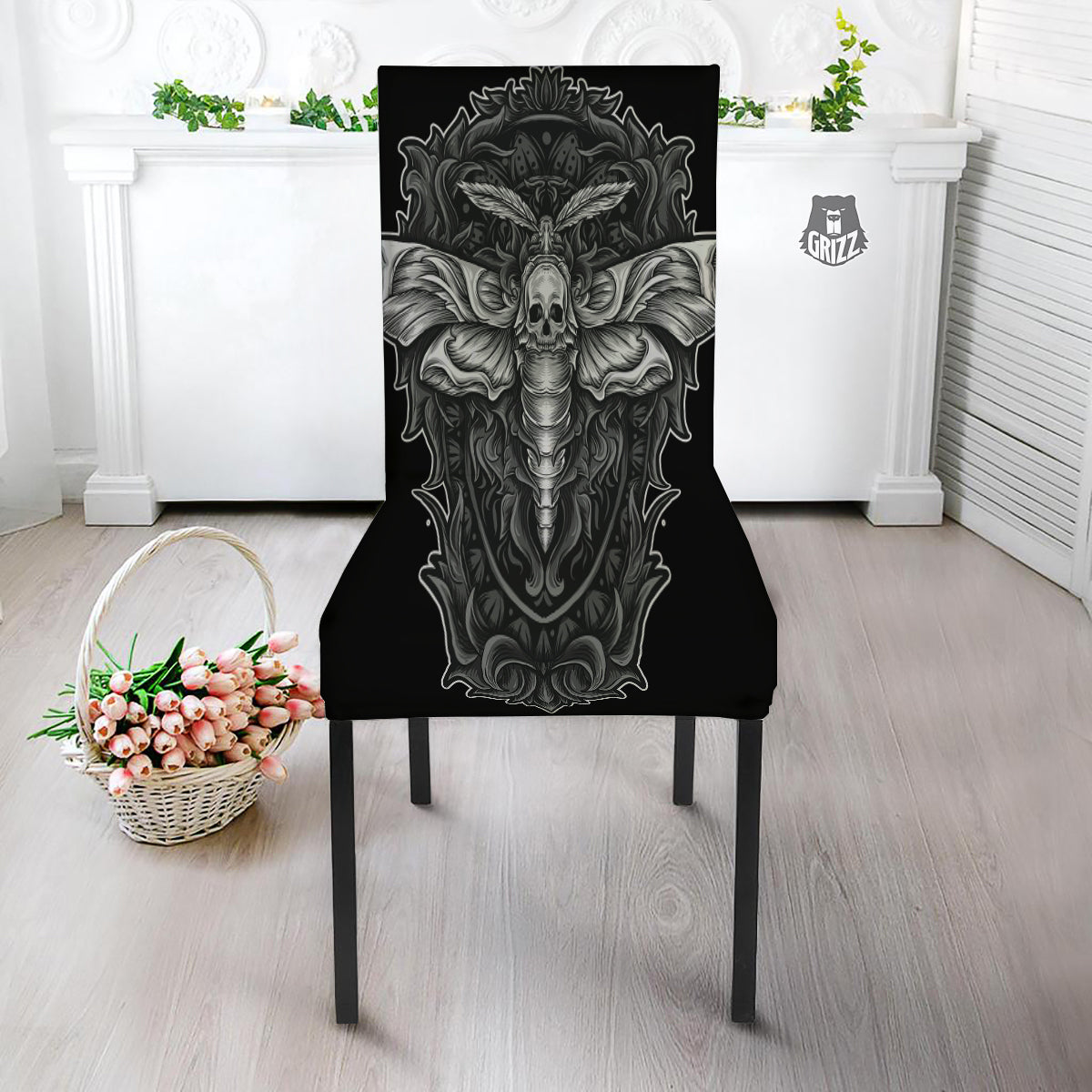 Grey Moth Skull Print Dining Chair Slipcover-grizzshop
