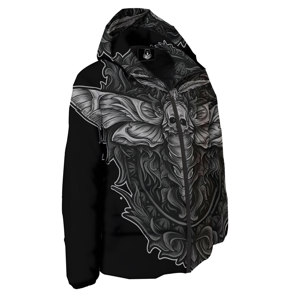 Grey Moth Skull Print Down Jacket-grizzshop