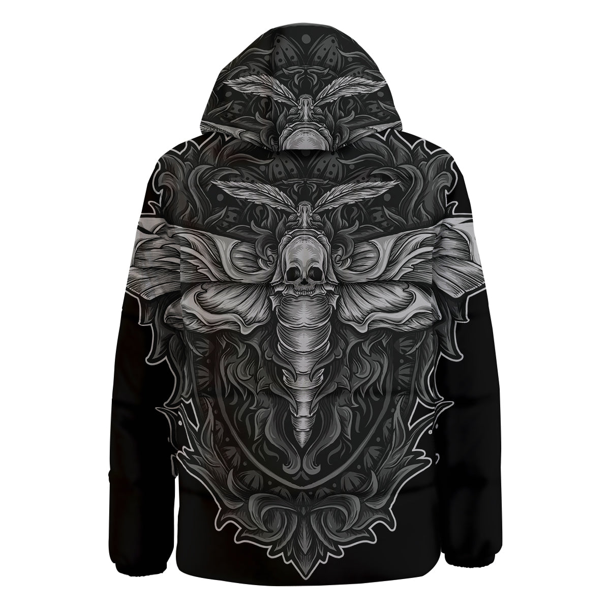 Grey Moth Skull Print Down Jacket-grizzshop