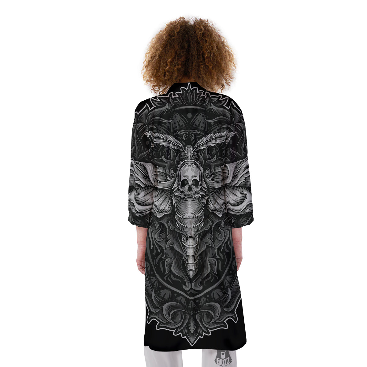 Grey Moth Skull Print Kimono-grizzshop