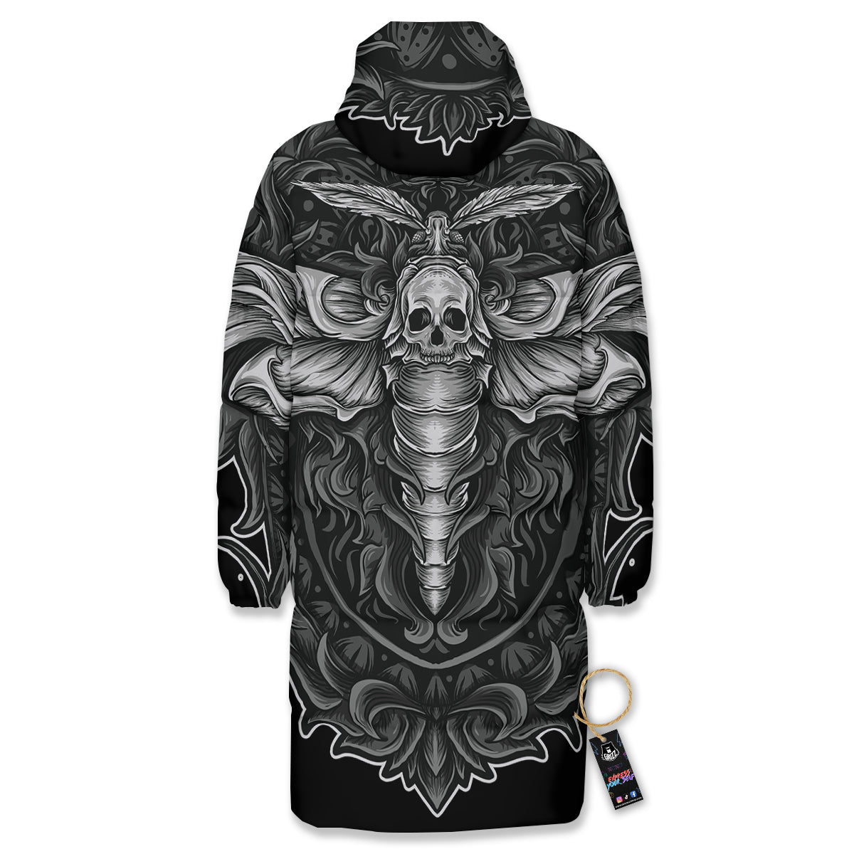 Grey Moth Skull Print Long Down Jacket-grizzshop