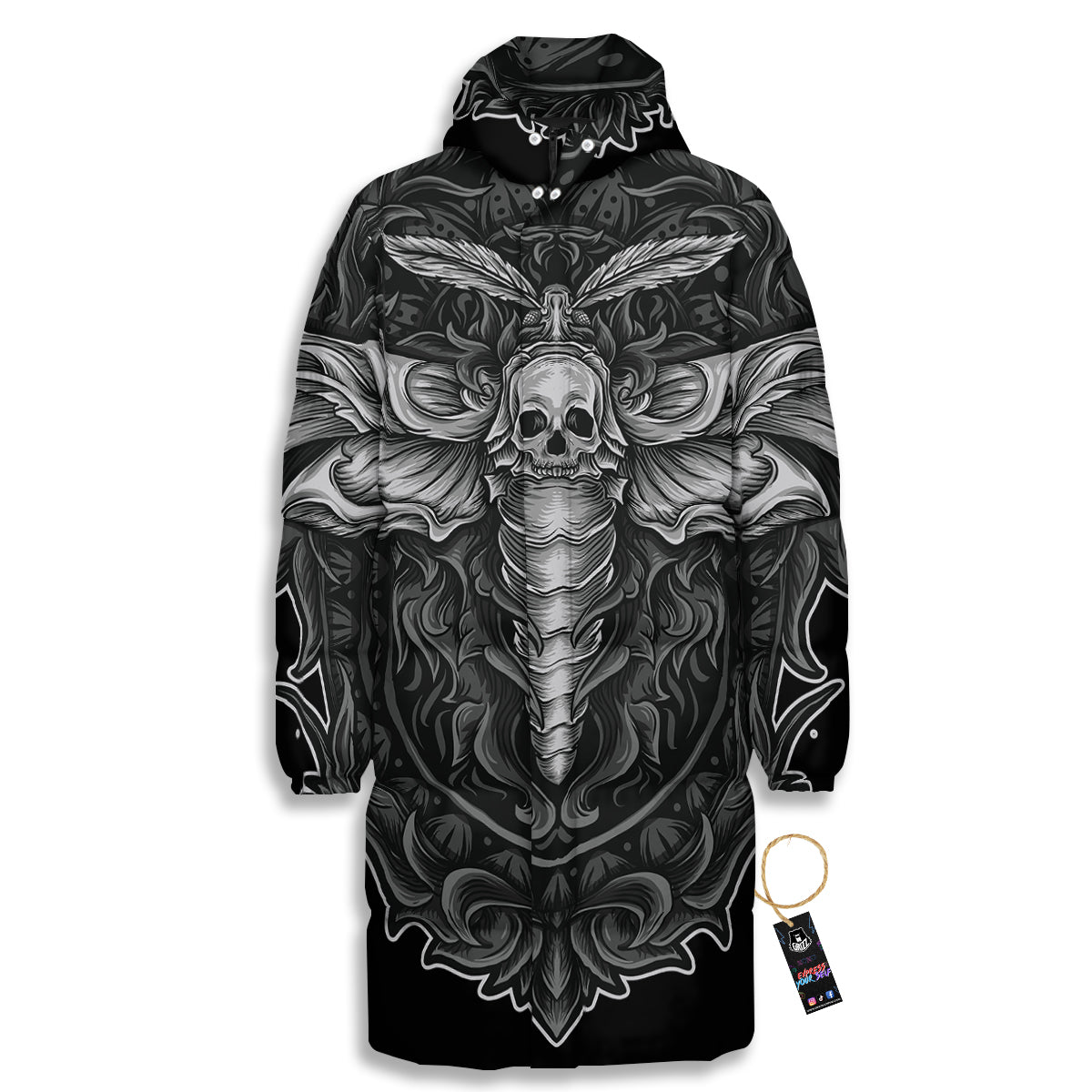 Grey Moth Skull Print Long Down Jacket-grizzshop